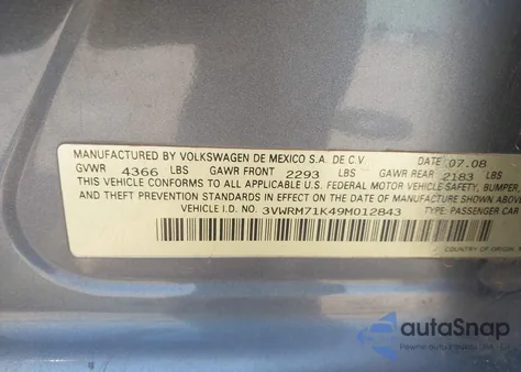 2009 Volkswagen Jetta Se/Sel z USA, uszkodzony, nr VIN 3VWRM71K49M012843